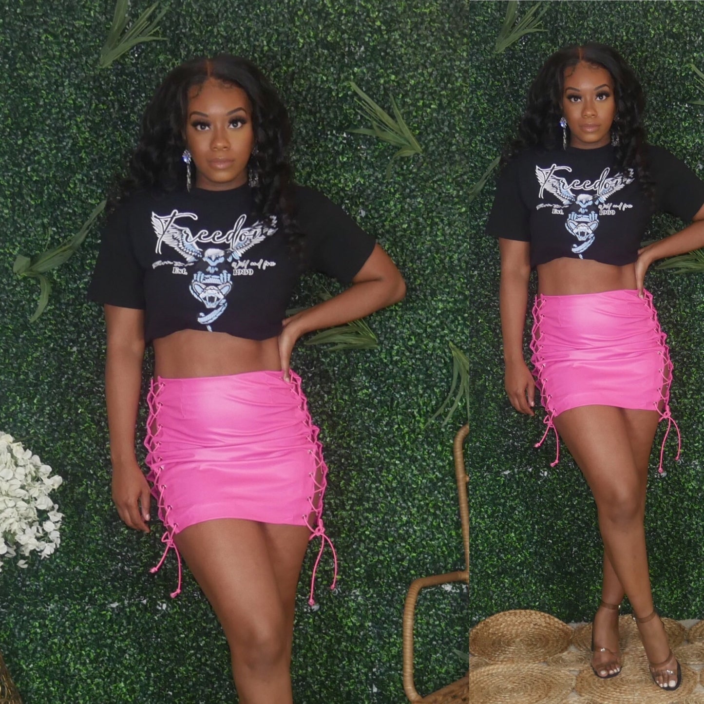 Pink Lace Up Leather Skirt