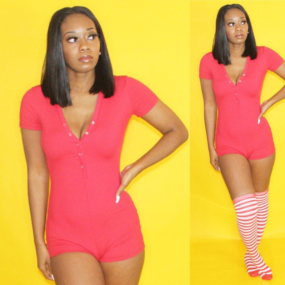Button Trimmed Romper (Red)